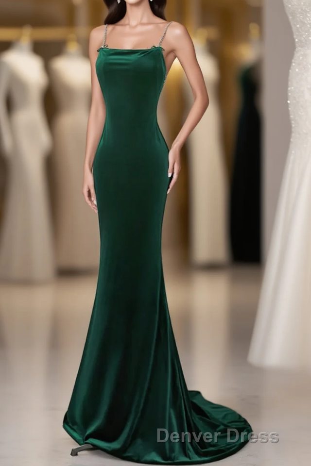 Green Velvet Mermaid Straps Long Formal Dresses, Green Evening Dresses Party Dresses Main image