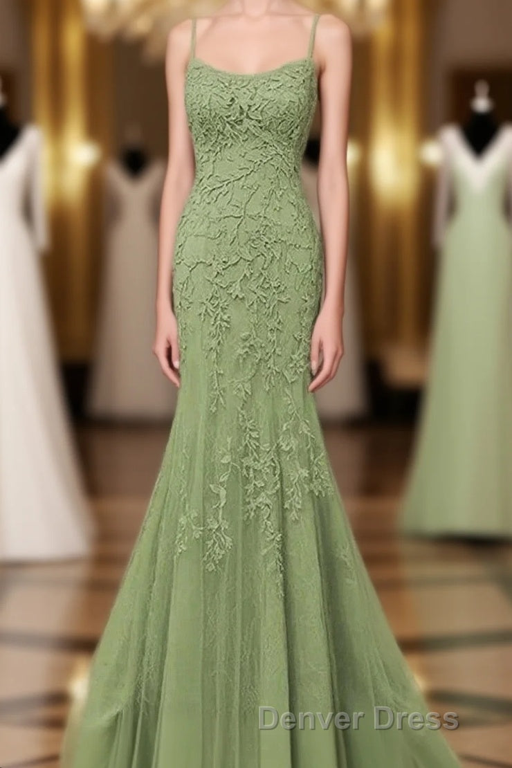Lovely Sage Green Straps Mermaid Long Formal Dresses, Lace-Up Evening Dresses Prom Dresses
