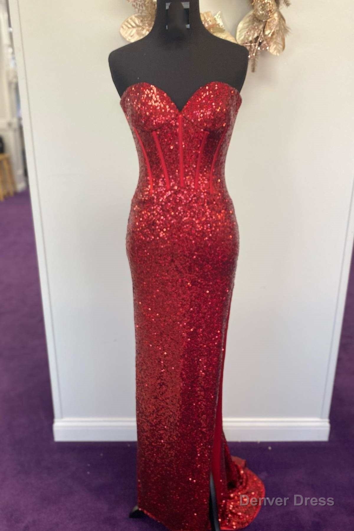 Mermaid Red Sequin Strapless Long Prom Dresses with Slit