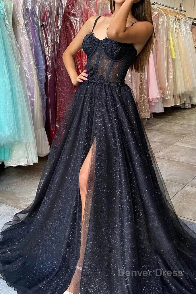 Black A Line Spaghetti Straps Prom Dresses with Slit, Sparkly Prom Gowns