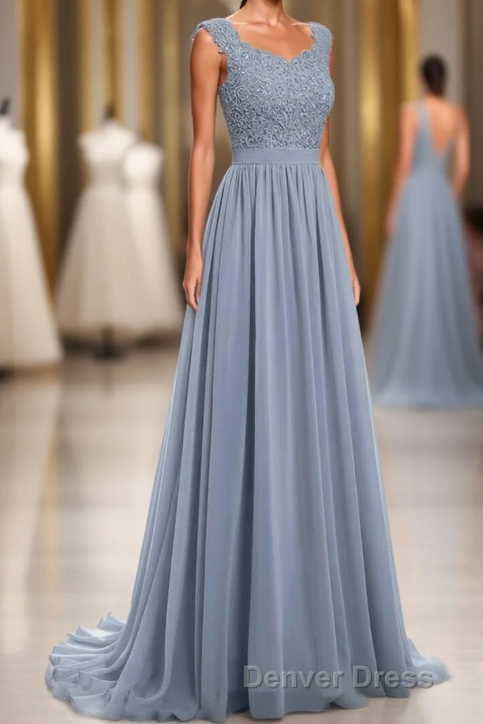 Dusty Blue Lace Cap Sleeve A Line Floor Length Bridesmaid Dresses Main image