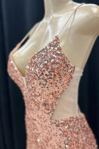 Pink Mermaid V Neck Lace Up Back Sequins Long Prom Dresses with Slit