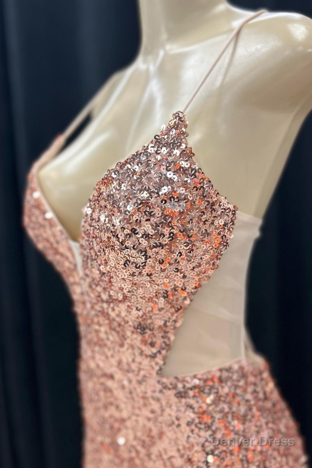 Pink Mermaid V Neck Lace Up Back Sequins Long Prom Dresses with Slit