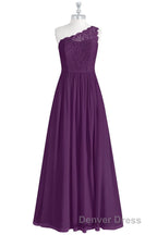 One Shoulder Purple Lace A Line Long Bridesmaid Dresses with Slit