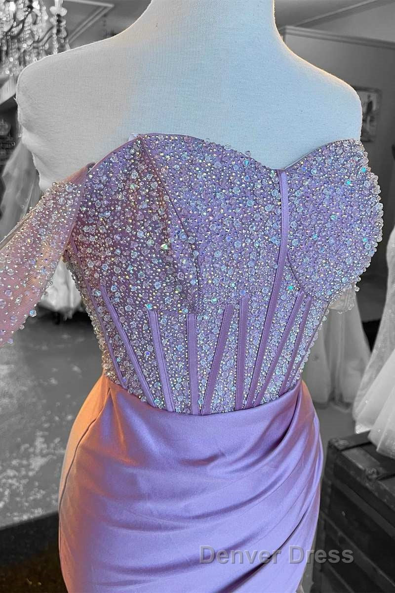 Lilac Beaded Off-the-Shoulder Long Formal Dresses with Slit Secondary image
