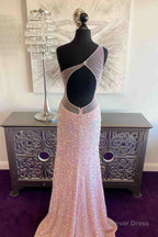 Pink Mermaid One Shoulder Sequins Keyhole Long Prom Dresses with Slit