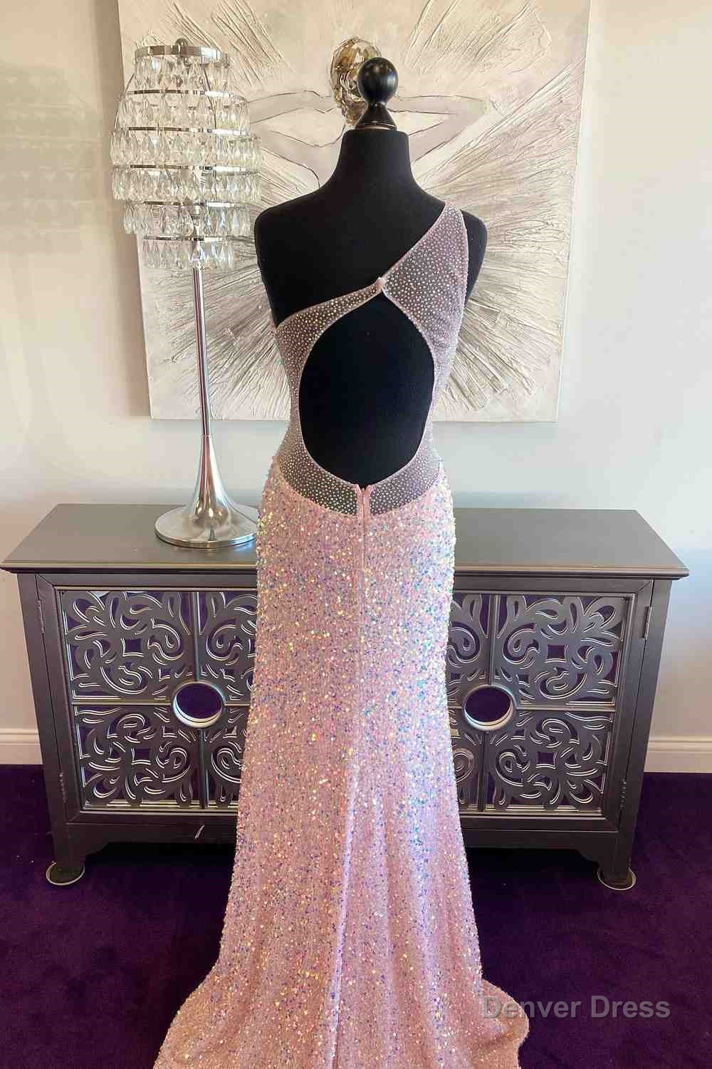 Pink Mermaid One Shoulder Sequins Keyhole Long Prom Dresses with Slit