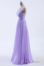 High Neck Lavender Chiffon Empire A Line Long Bridesmaid Dresses