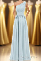 Dusty Blue Chiffon One Shoulder Banded Waist Bridesmaid Dresses