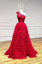 Red Tulle Lace Long Prom Dress, One Shoulder Prom Dresses