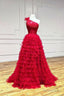 Red Tulle Lace Long Prom Dress, One Shoulder Prom Dresses
