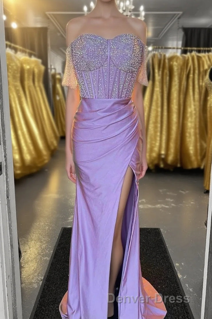 Lilac Beaded Off-the-Shoulder Long Formal Dresses with Slit Main image
