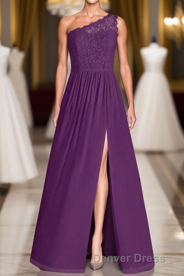 One Shoulder Purple Lace A Line Long Bridesmaid Dresses with Slit Main image