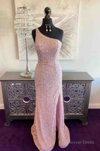 Pink Mermaid One Shoulder Sequins Keyhole Long Prom Dresses with Slit