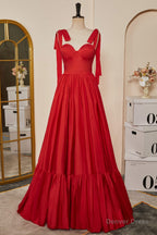 Red Bow Tie Straps A Line Satin Long Prom Dresses