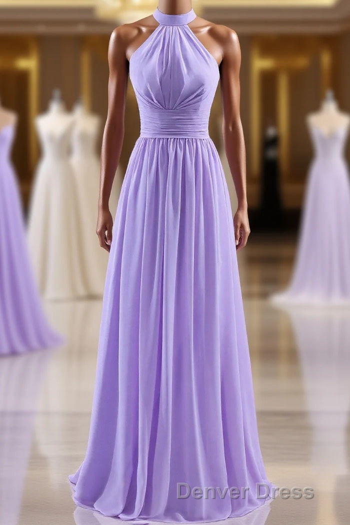 High Neck Lavender Chiffon Empire A Line Long Bridesmaid Dresses Main image