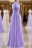 High Neck Lavender Chiffon Empire A Line Long Bridesmaid Dresses