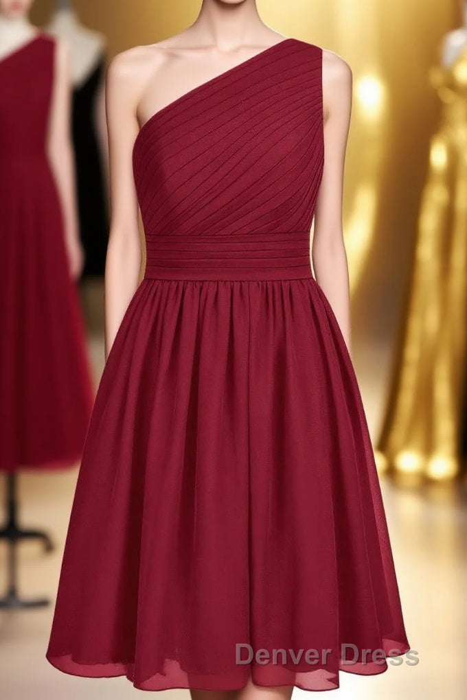 Wine Red Chiffon One Shoulder Gathered Short Bridesmaid Dresses