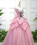 Pink V Neck Tulle Lace Applique Long Prom Dress, Pink Prom Dresses, 1