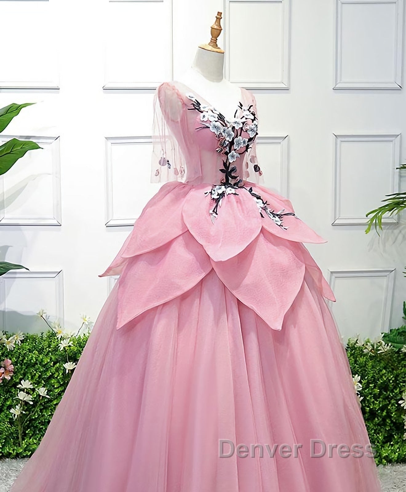 Pink V Neck Tulle Lace Applique Long Prom Dress, Pink Prom Dresses, 1