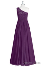 One Shoulder Purple Lace A Line Long Bridesmaid Dresses with Slit