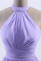 High Neck Lavender Chiffon Empire A Line Long Bridesmaid Dresses