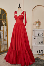 Red Bow Tie Straps A Line Satin Long Prom Dresses