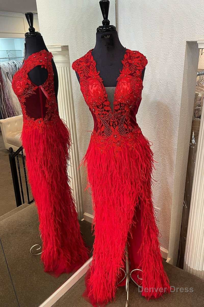 Red Lace Feather V-Neck Long Prom Dress with Slit Main image