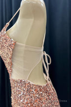 Pink Mermaid V Neck Lace Up Back Sequins Long Prom Dresses with Slit