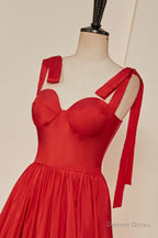 Red Bow Tie Straps A Line Satin Long Prom Dresses