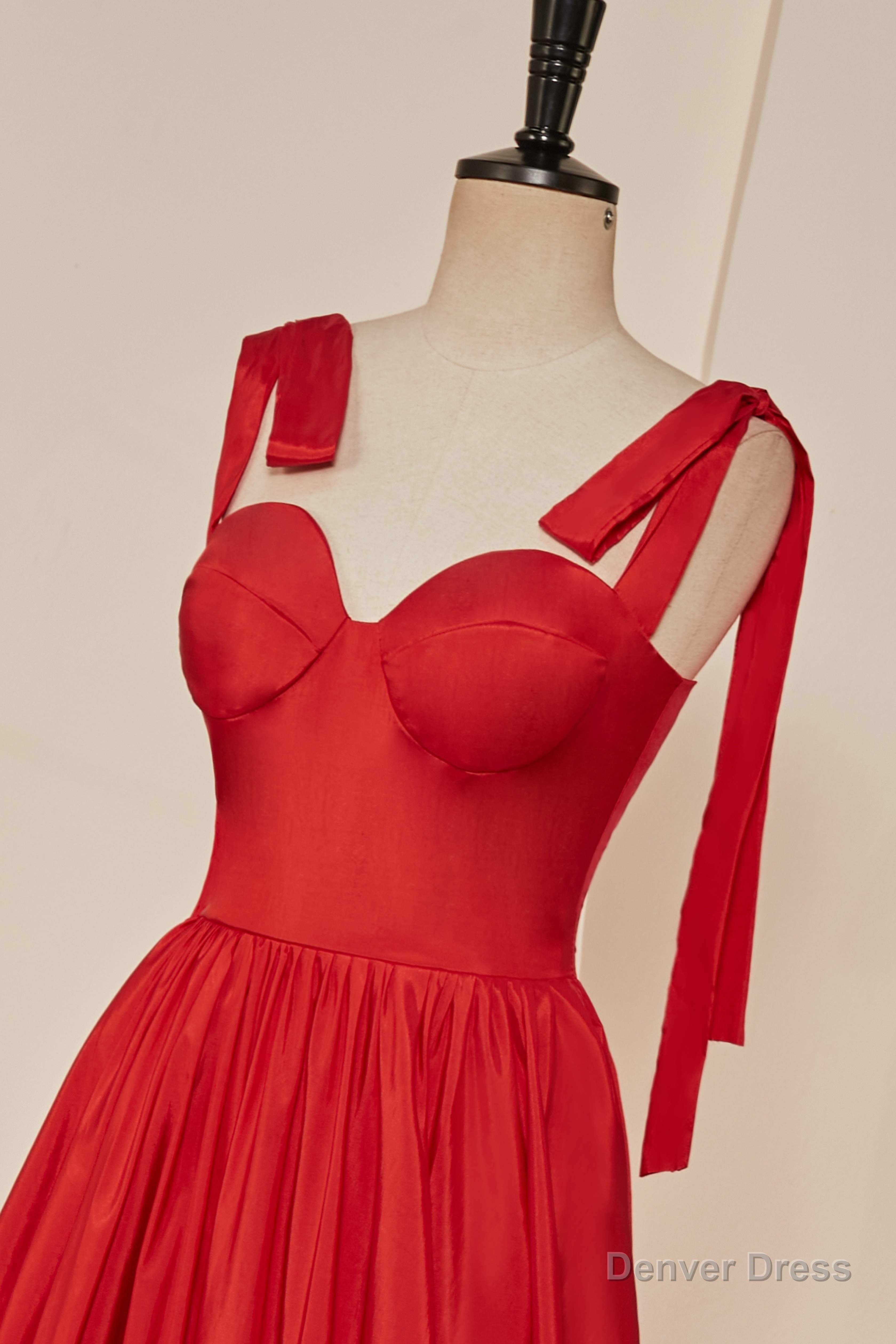 Red Bow Tie Straps A Line Satin Long Prom Dresses