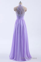 High Neck Lavender Chiffon Empire A Line Long Bridesmaid Dresses