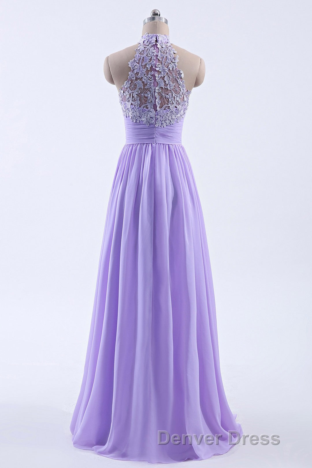 High Neck Lavender Chiffon Empire A Line Long Bridesmaid Dresses