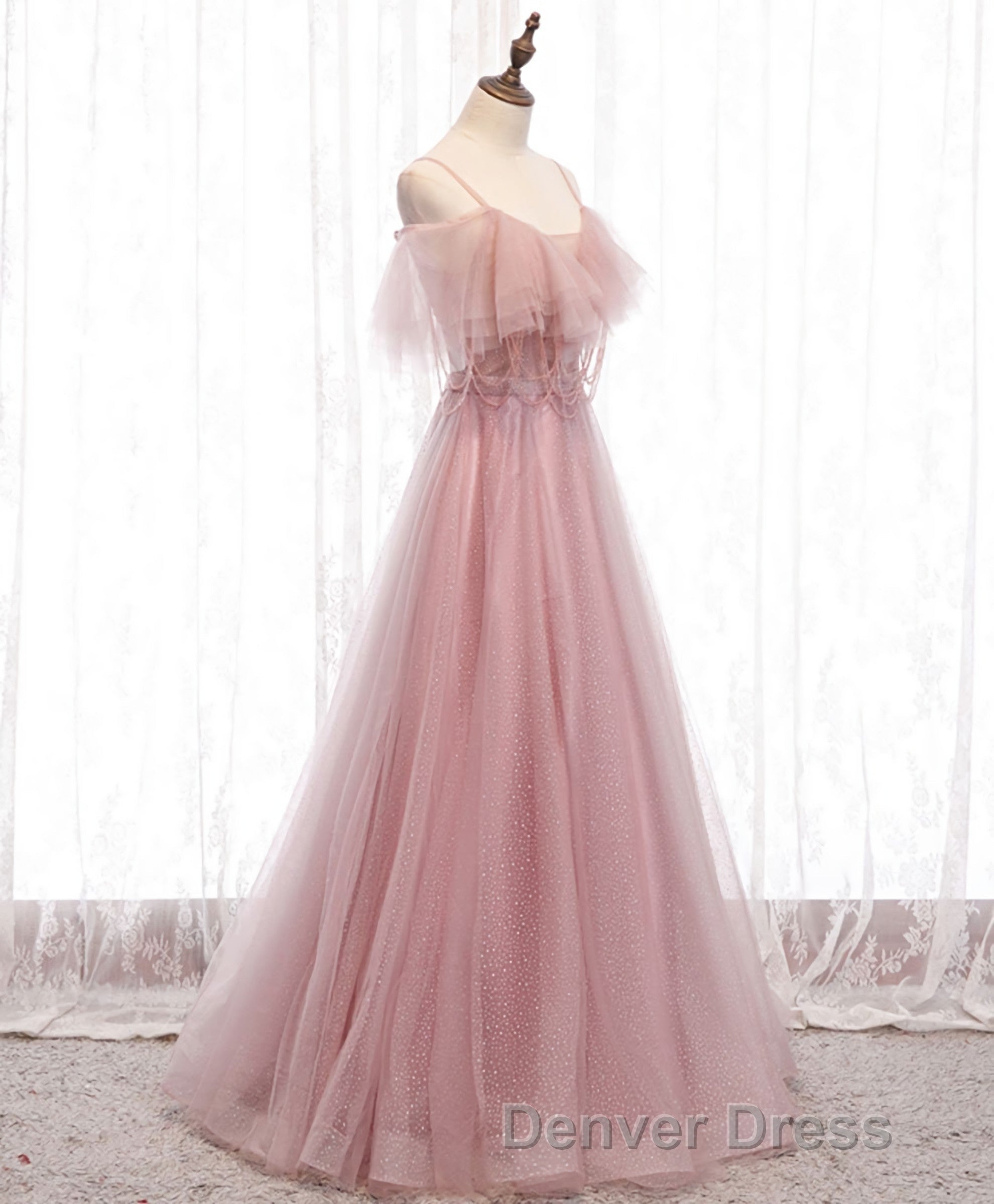 Pink Sweetheart Tulle Long Prom Dress, Pink Tulle Prom Dresses, 1