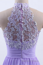 High Neck Lavender Chiffon Empire A Line Long Bridesmaid Dresses