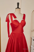 Red Bow Tie Straps A Line Satin Long Prom Dresses