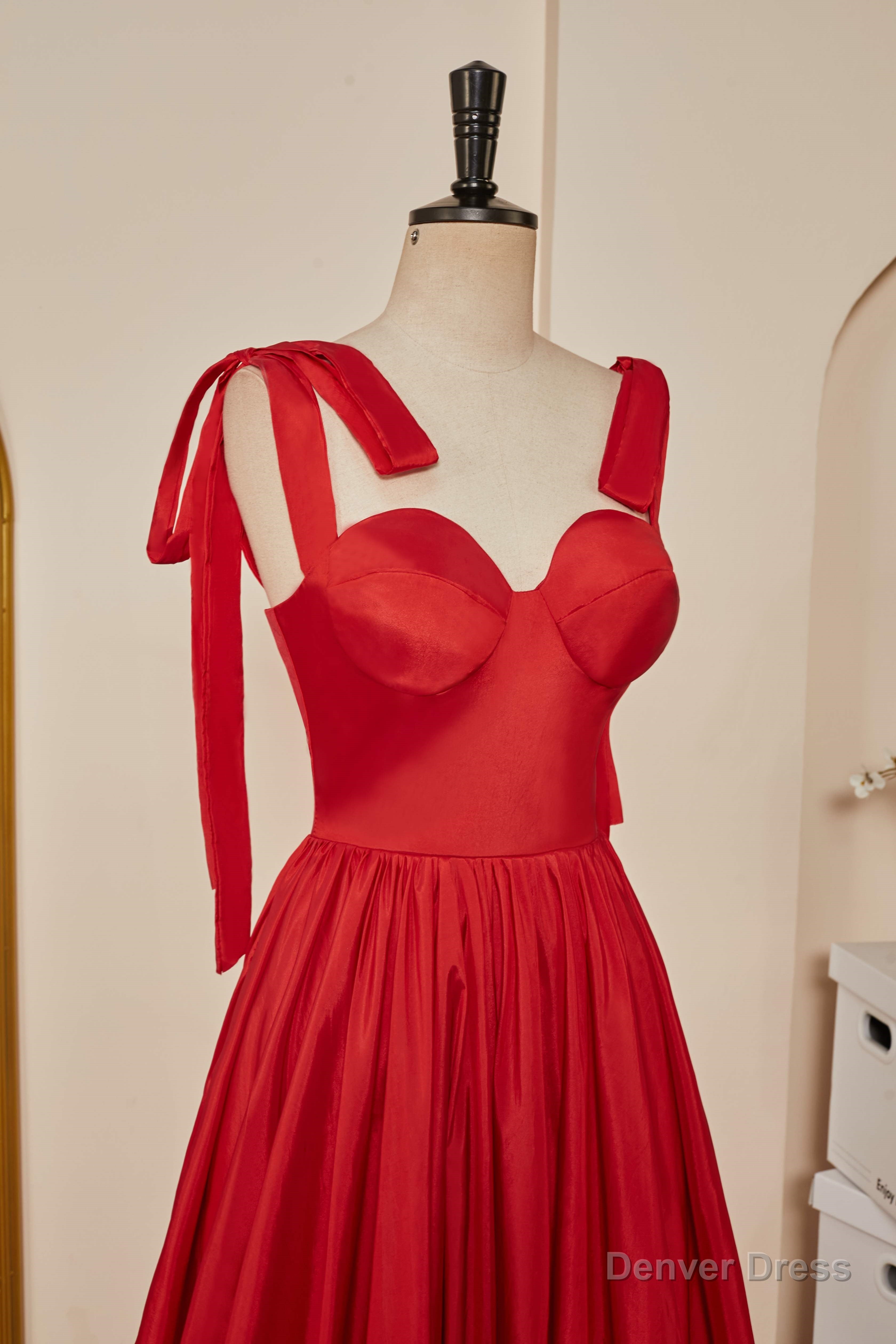 Red Bow Tie Straps A Line Satin Long Prom Dresses