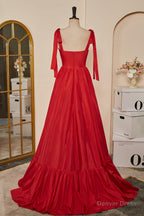 Red Bow Tie Straps A Line Satin Long Prom Dresses