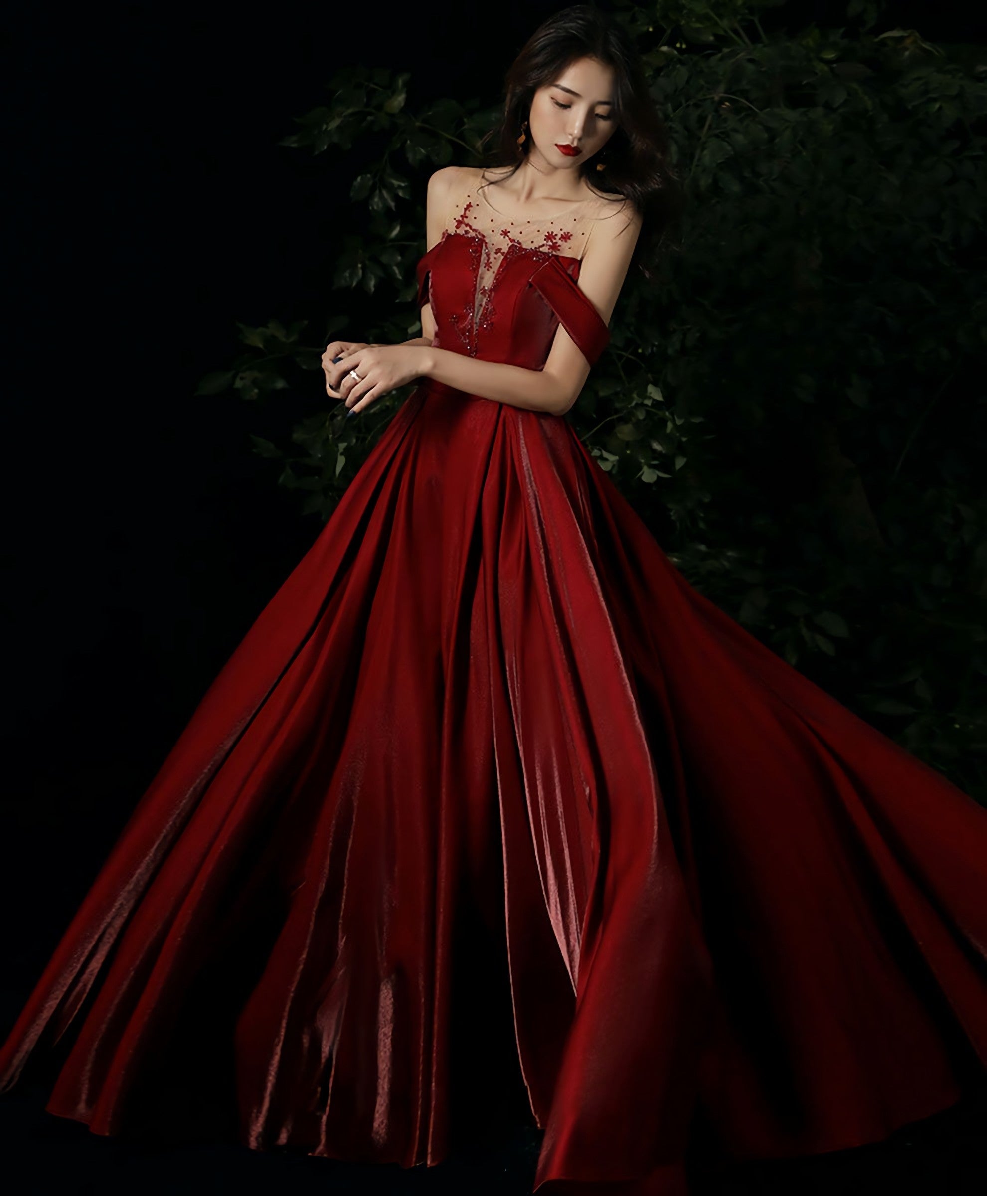 Burgundy Round Neck Beads Long Prom Dress Burgundy Prom Dresses