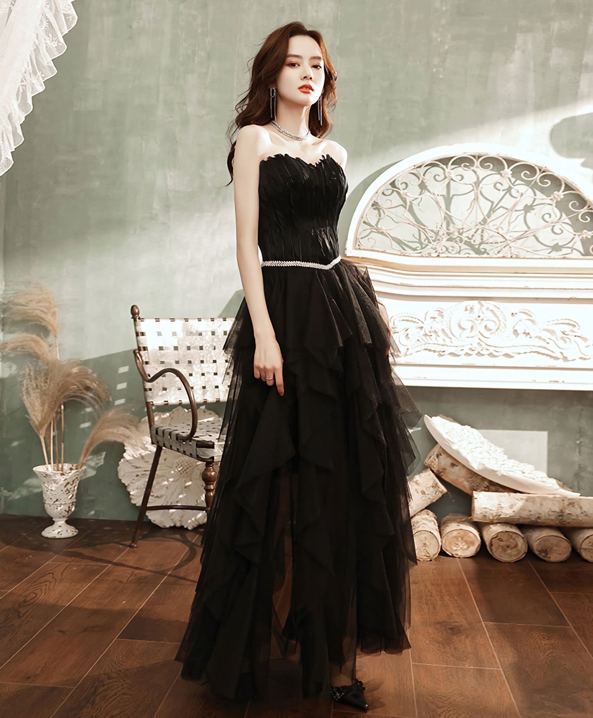 Black Tulle Long Prom Dress, Black Tulle Prom Dresses
