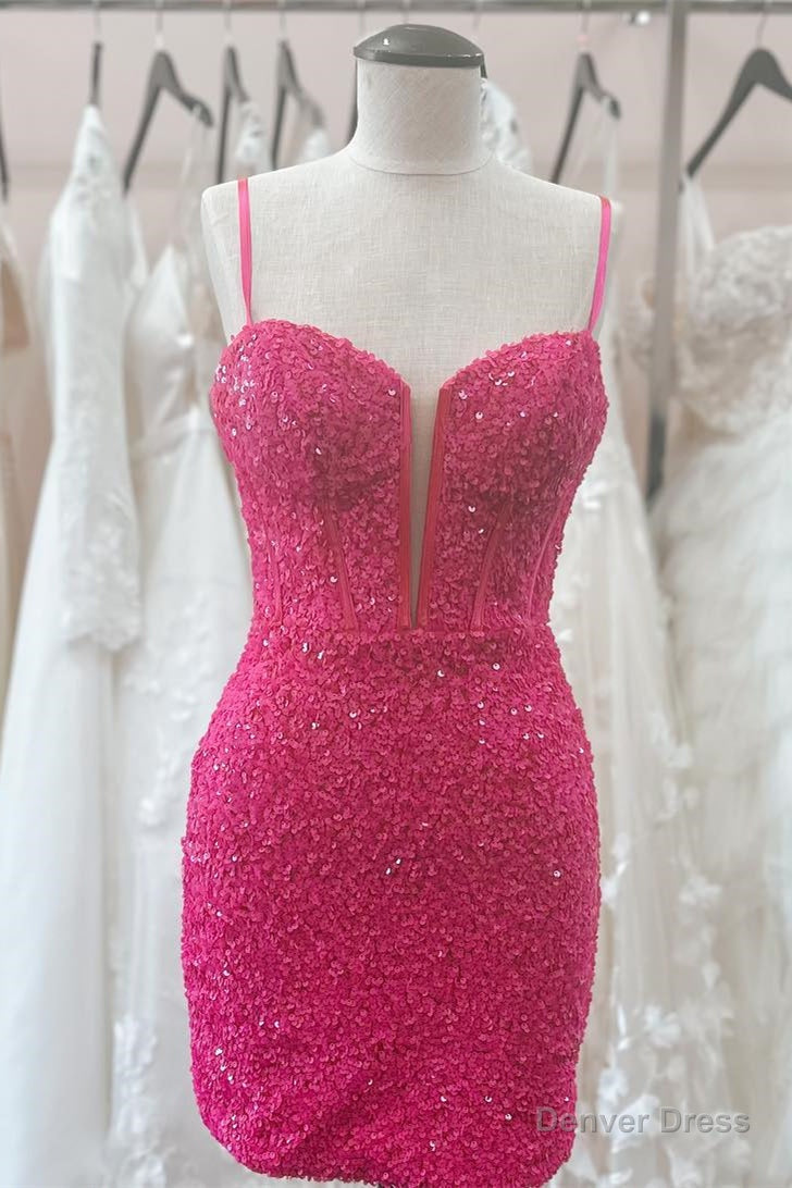 Hot Pink V Neck Straps Sequins Sheath Homecoming Dress Main image