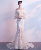 Champagne Tulle Lace Mermaid Long Prom Dress Tulle Lace Prom Dresses