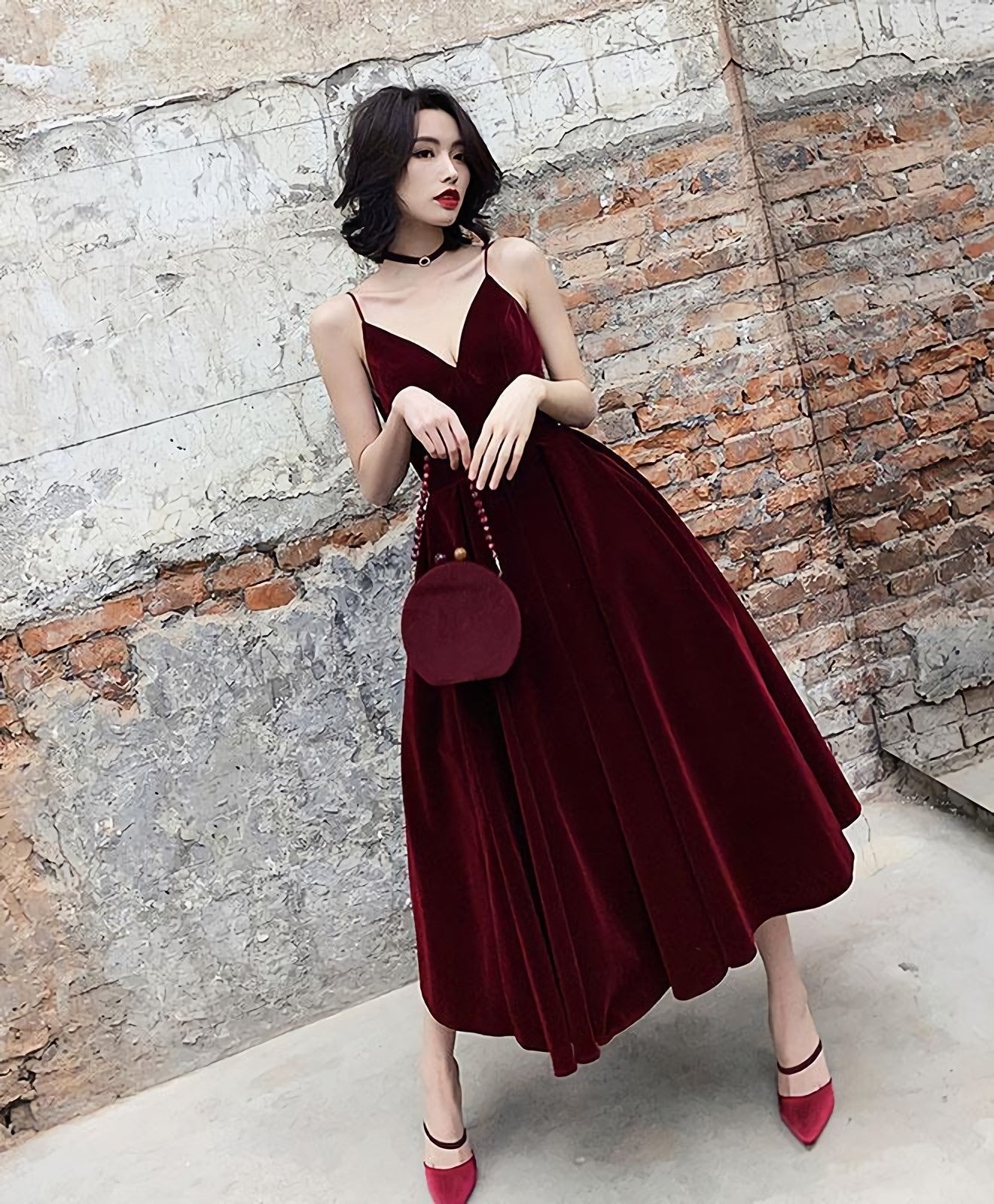 Simple Burgundy Tea Length Prom Dress Burgundy Bridesmaid Dresses