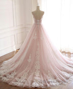 Pink Sweetheart Lace Tulle Long Prom Dress, Lace Pink Prom Dresses