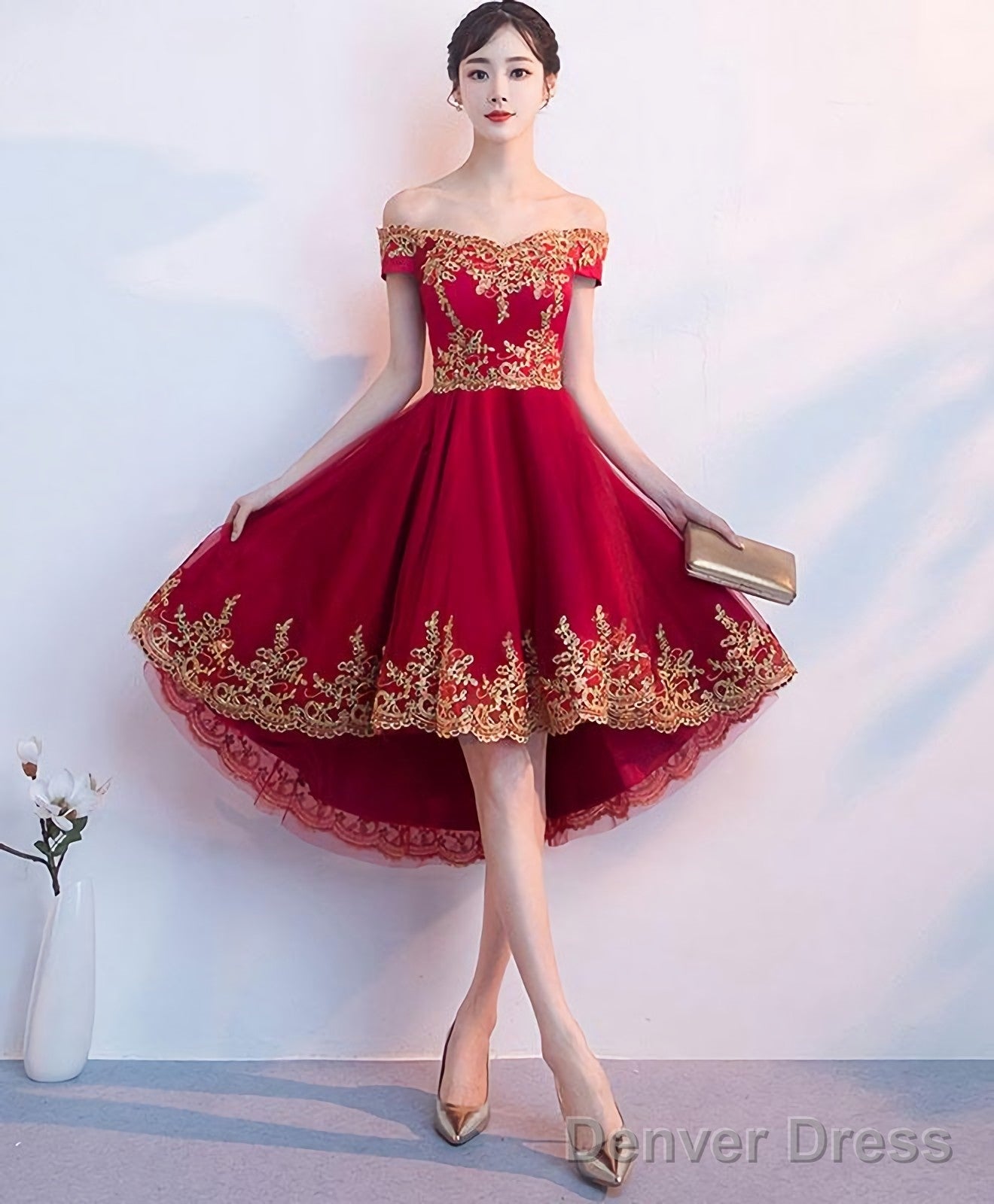 Burgundy Tulle Lace Short Prom Dress High Low Bridesmaid Dresses Main image
