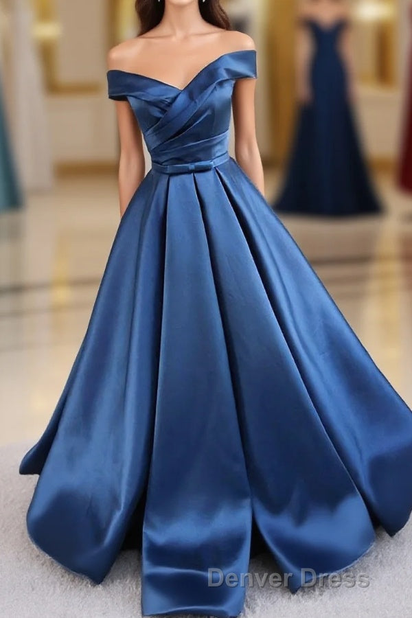 Simple Blue Satin Long Prom Dresses, Blue Formal Dresses Main image