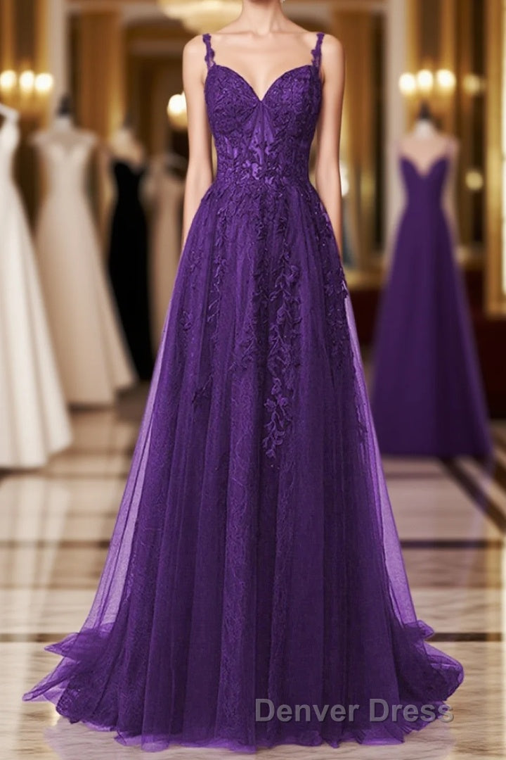 Purple A-Line Tulle Off Shoulder Long Prom Dresses With Lace, Purple Evening Dresses Party Dresses