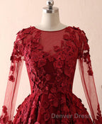 Burgundy Lace Satin Long Prom Dress, Burgundy Lace Prom Dresses