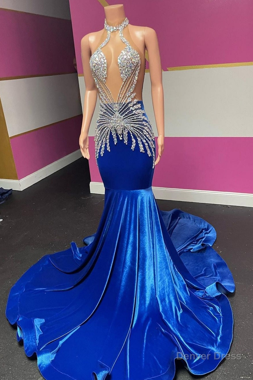 Royal Blue Halter Velvet Mermaid Silver Beaded Prom Dresses – Denver Dress