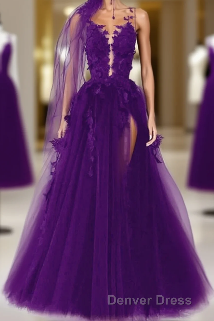Purple Tulle With Lace Applique Long Party Dresses, A-Line Tulle Formal Dresses